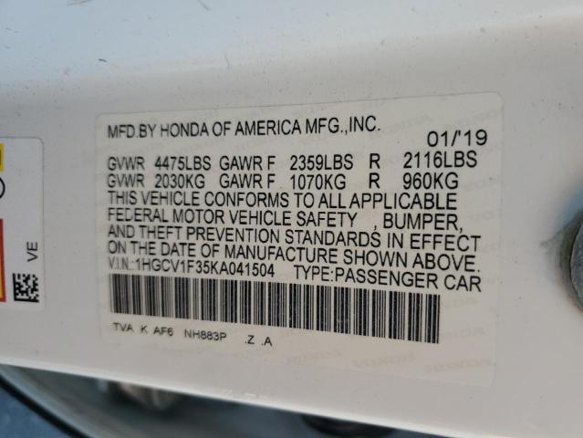 1HGCV1F35KA041504 - 2019 HONDA ACCORD SPORT WHITE photo 12