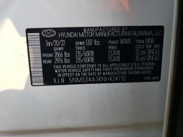 5NMS34AJ4NH424710 - 2022 HYUNDAI SANTA FE SEL WHITE photo 13