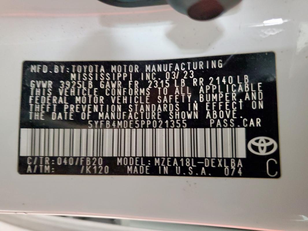 5YFB4MDE5PP021355 - 2023 TOYOTA COROLLA LE WHITE photo 12