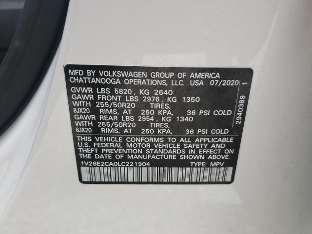 1V26E2CA0LC221904 - 2020 VOLKSWAGEN ATLAS CROS SE WHITE photo 12