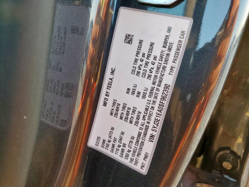 5YJ3E1EA0SF962390 - 2025 TESLA MODEL 3 CHARCOAL photo 12