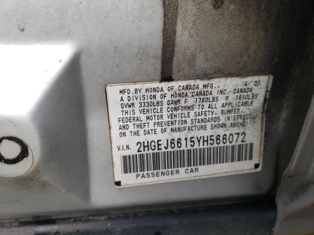 2HGEJ6615YH566072 - 2000 HONDA CIVIC BASE SILVER photo 12