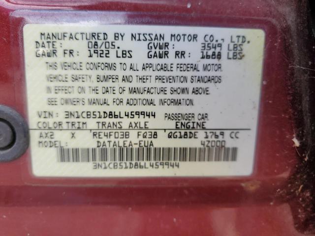 3N1CB51D86L459944 - 2006 NISSAN SENTRA 1.8 RED photo 12