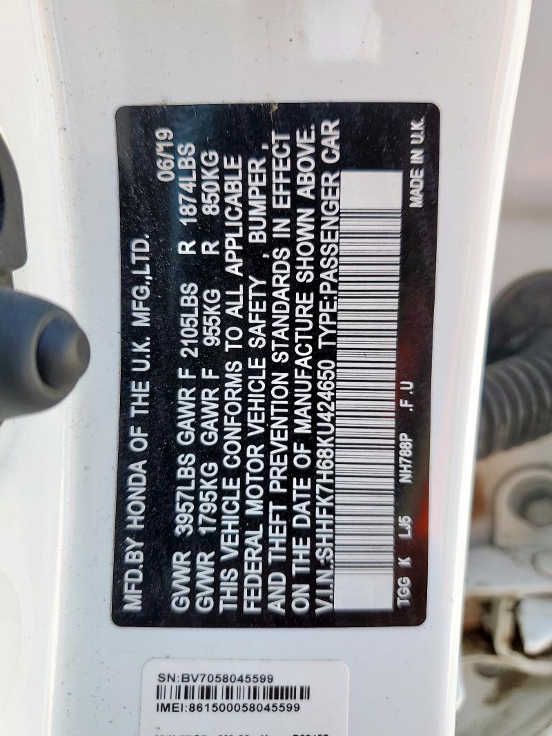 SHHFK7H68KU424650 - 2019 HONDA CIVIC EX Ağ foto 14