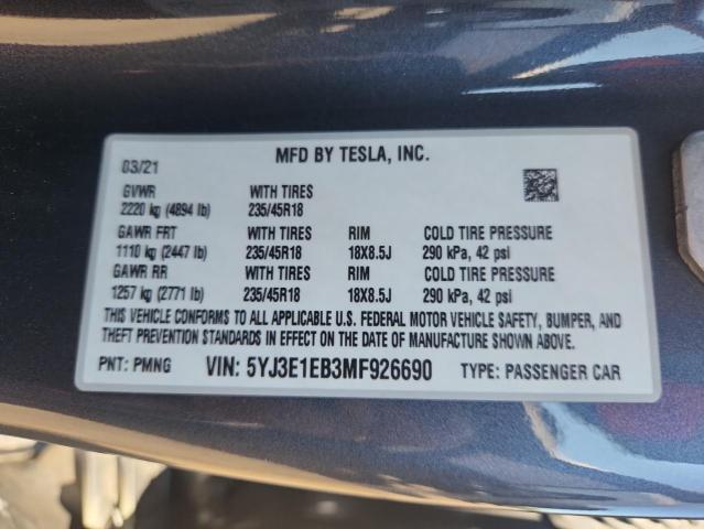 5YJ3E1EB3MF926690 - 2021 TESLA MODEL 3 GRAY photo 12