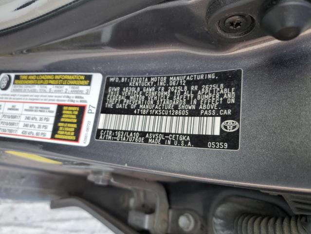 4T1BF1FK5CU128605 - 2012 TOYOTA CAMRY BASE GRAY photo 12