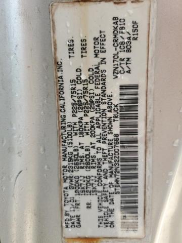 5TEWN72N32Z007668 - 2002 TOYOTA TACOMA XTRACAB SILVER photo 12