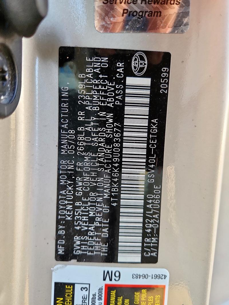 4T1BK46K49U083677 - 2009 TOYOTA CAMRY SE GOLD photo 12