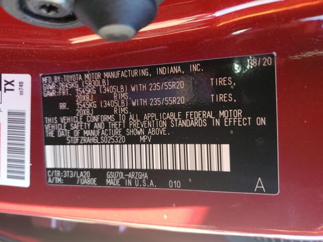 5TDFZRAH6LS025320 - 2020 TOYOTA HIGHLANDER PLATINUM RED photo 12