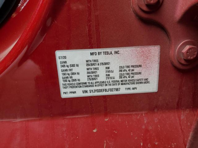 5YJYGDEF8LF027987 - 2020 TESLA MODEL Y RED photo 12