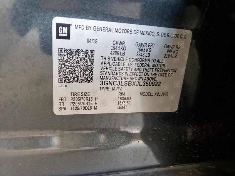 3GNCJLSBXJL350922 - 2018 CHEVROLET TRAX 1LT GRAY photo 13