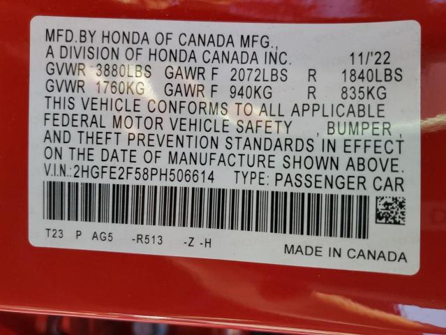 2HGFE2F58PH506614 - 2023 HONDA CIVIC SPORT 红色 照片 12