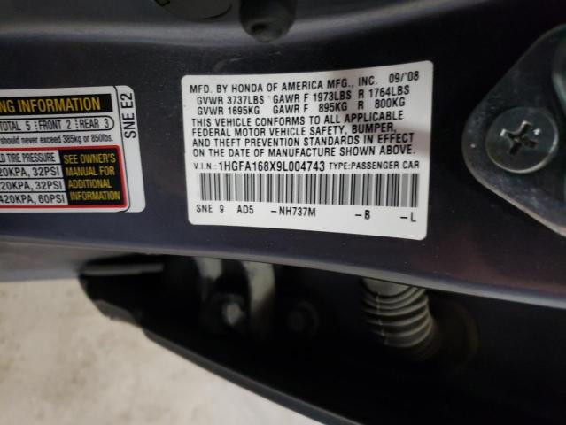 1HGFA168X9L004743 - 2009 HONDA CIVIC EX ნაცრისფერი ფოტო 12