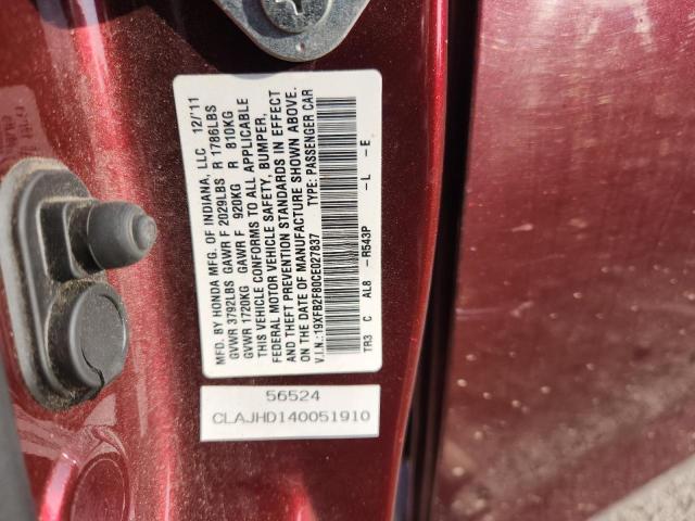 19XFB2F80CE027837 - 2012 HONDA CIVIC EX 红色 照片 12