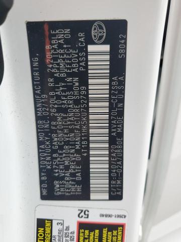 4T1B11HK5KU752799 - 2019 TOYOTA CAMRY L WHITE photo 12