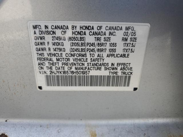 2HJYK16576H501957 - 2006 HONDA RIDGELINE RTL SILVER photo 12