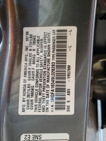 1HGFA16549L028283 - 2009 HONDA CIVIC LX GRAY photo 13