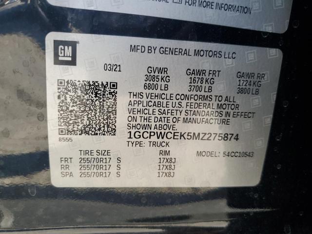 1GCPWCEK5MZ275874 - 2021 CHEVROLET SILVERADO C1500 LT BLACK photo 12