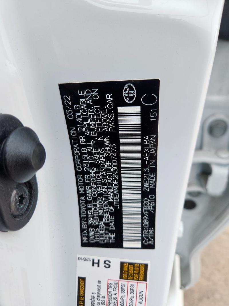 JTDEAMDE2N3007473 - 2022 TOYOTA COROLLA LE 白色 照片 12