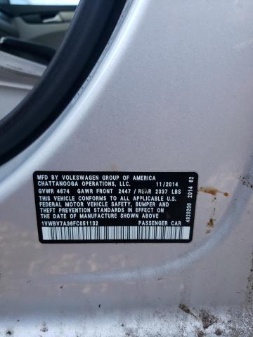 1VWBV7A36FC051132 - 2015 VOLKSWAGEN PASSAT SE 银色 照片 12