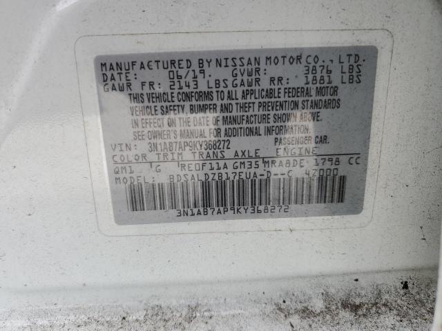 3N1AB7AP9KY368272 - 2019 NISSAN SENTRA S WHITE photo 12