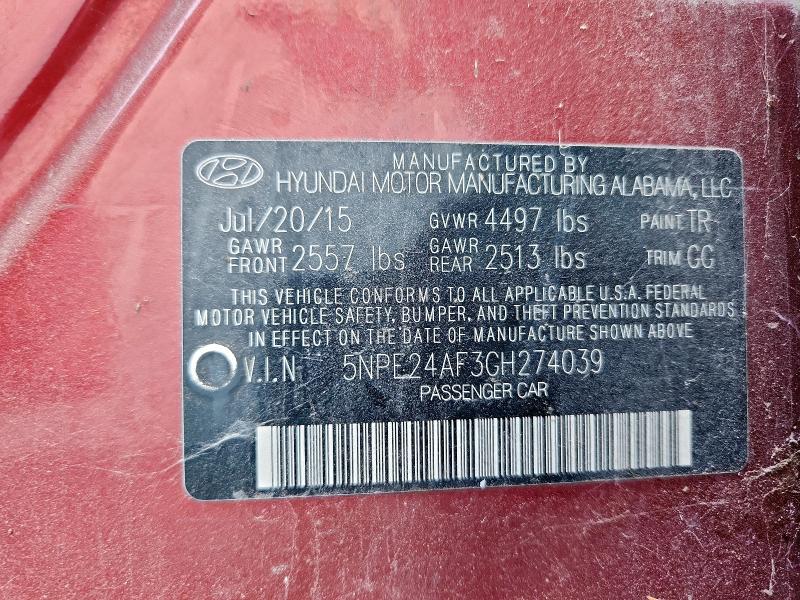 5NPE24AF3GH274039 - 2016 HYUNDAI SONATA SE 勃艮第红 照片 12