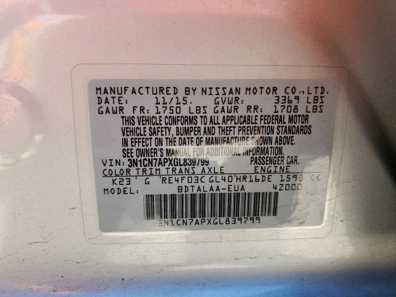 3N1CN7APXGL839799 - 2016 NISSAN VERSA S SILVER photo 12