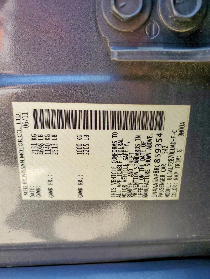 1N4AA5AP8BC859354 - 2011 NISSAN MAXIMA S BLUE photo 12