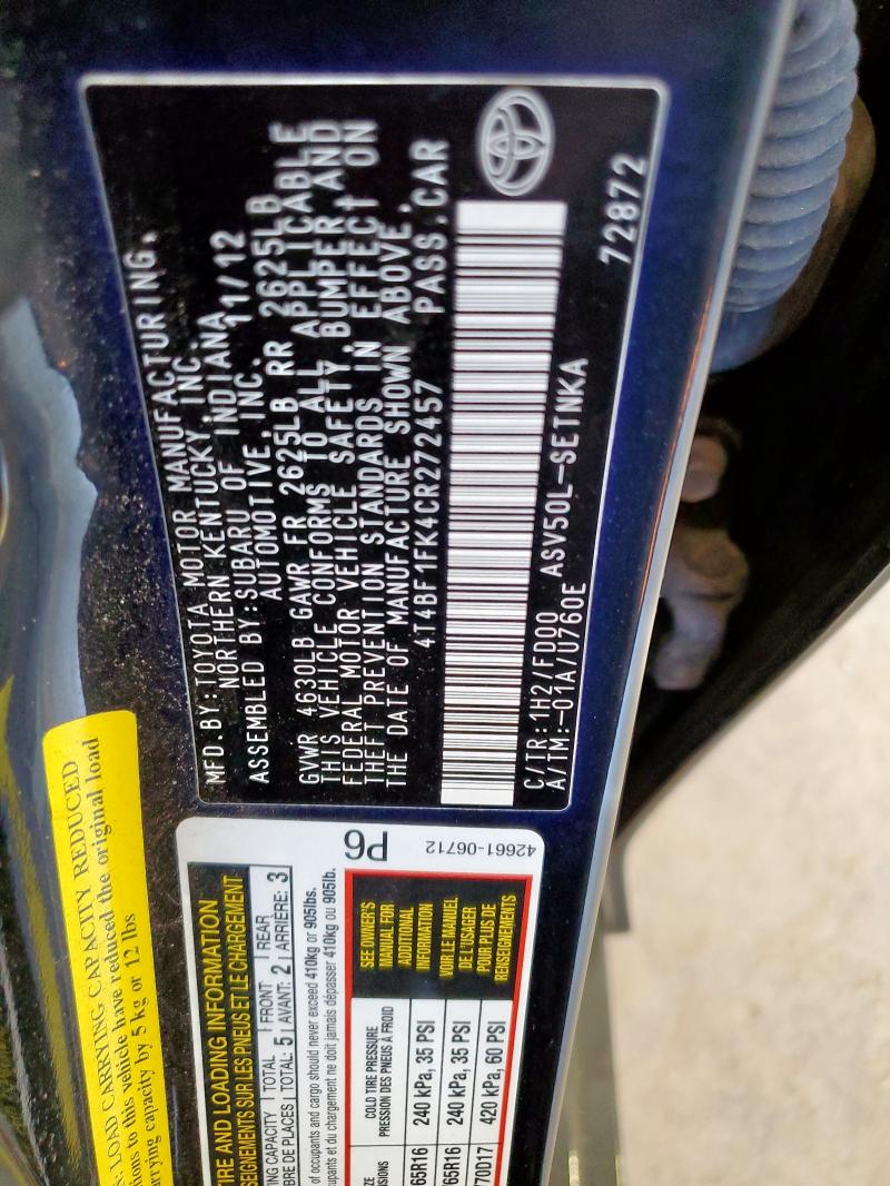 4T4BF1FK4CR272457 - 2012 TOYOTA CAMRY BASE GRAY photo 12