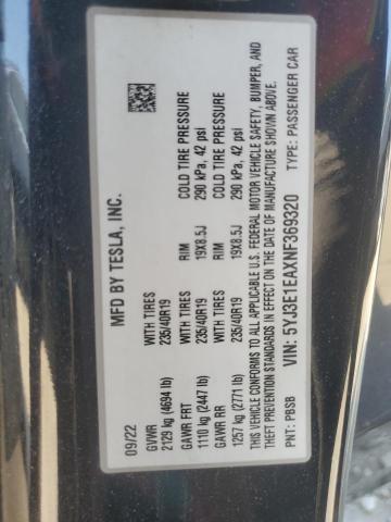 5YJ3E1EAXNF369320 - 2022 TESLA MODEL 3 Czarny zdjęcie 12