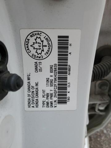 2HGFC2F79KH028459 - 2019 HONDA CIVIC EX WHITE photo 12