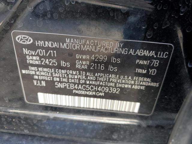 5NPEB4AC5CH409392 - 2012 HYUNDAI SONATA GLS BLACK photo 12