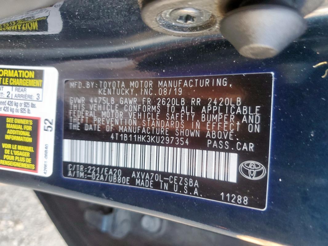 4T1B11HK3KU297354 - 2019 TOYOTA CAMRY L BLUE photo 12