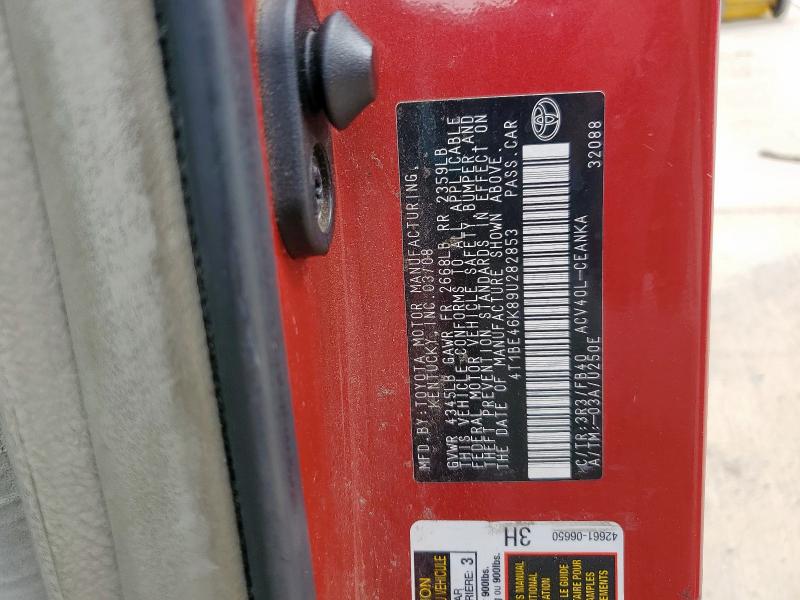4T1BE46K89U282853 - 2009 TOYOTA CAMRY BASE 红色 照片 12