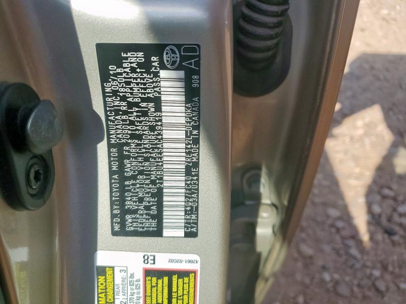 2T1BU4EE5AC439419 - 2010 TOYOTA COROLLA BASE TAN photo 13