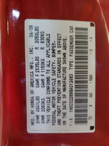 1HGCS22898A012483 - 2008 HONDA ACCORD EXL RED photo 12