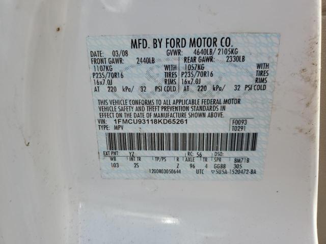 1FMCU93118KD65261 - 2008 FORD ESCAPE XLT WHITE photo 13