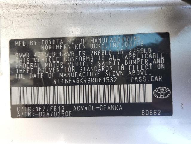 4T4BE46K49R061532 - 2009 TOYOTA CAMRY BASE SILVER photo 12