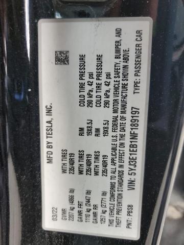 5YJ3E1EB1NF189197 - 2022 TESLA MODEL 3 BLACK photo 13