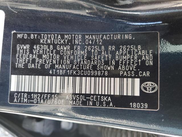 4T1BF1FK3CU099878 - 2012 TOYOTA CAMRY BASE GRAY photo 12