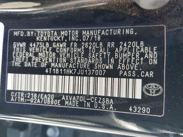 4T1B11HK7JU137007 - 2018 TOYOTA CAMRY L BLACK photo 12