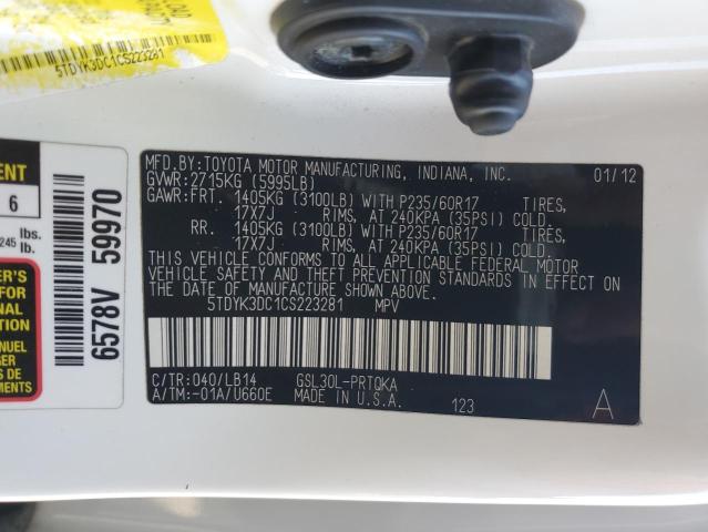 5TDYK3DC1CS223281 - 2012 TOYOTA SIENNA XLE WHITE photo 13