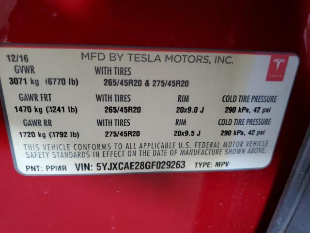 5YJXCAE28GF029263 - 2016 TESLA MODEL X 红色 照片 12