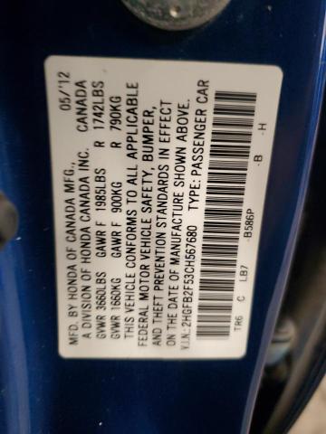 2HGFB2F53CH567680 - 2012 HONDA CIVIC LX 蓝色 照片 12