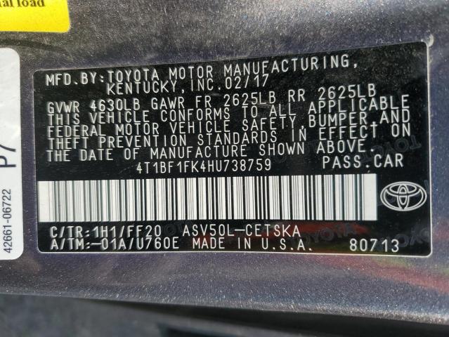 4T1BF1FK4HU738759 - 2017 TOYOTA CAMRY LE GRAY photo 12