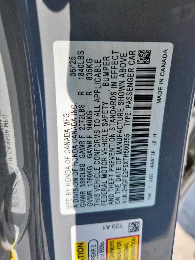 2HGFE2F5XTH500355 - 2026 HONDA CIVIC SPORT CHARCOAL photo 13