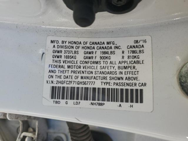 2HGFC2F71GH567777 - 2016 HONDA CIVIC EX WHITE photo 12