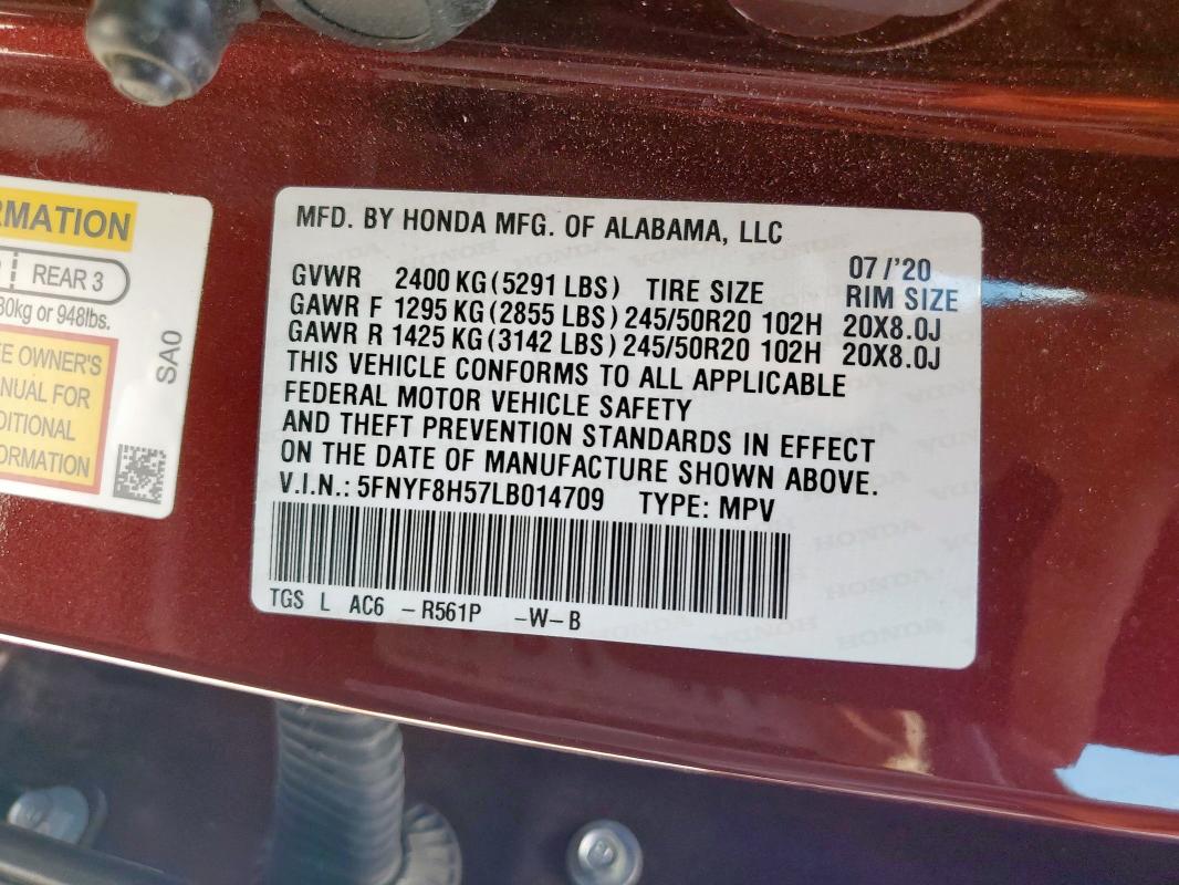 5FNYF8H57LB014709 - 2020 HONDA PASSPORT EXL MAROON photo 13