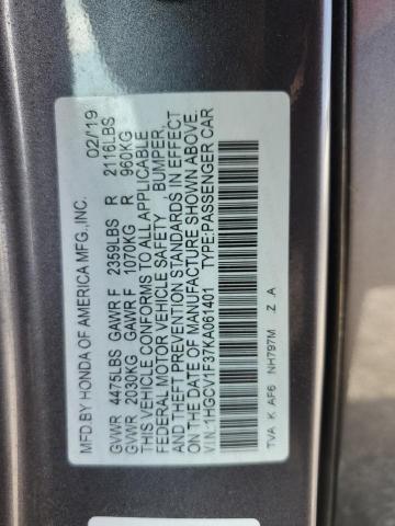 1HGCV1F37KA061401 - 2019 HONDA ACCORD SPORT GRAY photo 12