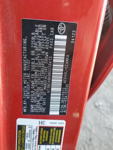 4T1BE46K98U239413 - 2008 TOYOTA CAMRY CE წითელი ფოტო 12